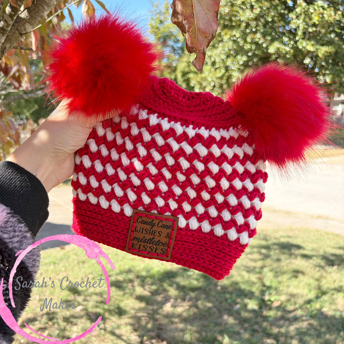 Double Pom Candy Cane Beanie, "Candy Cane Wishes & Mistletoe Kisses" (3-10 yrs)