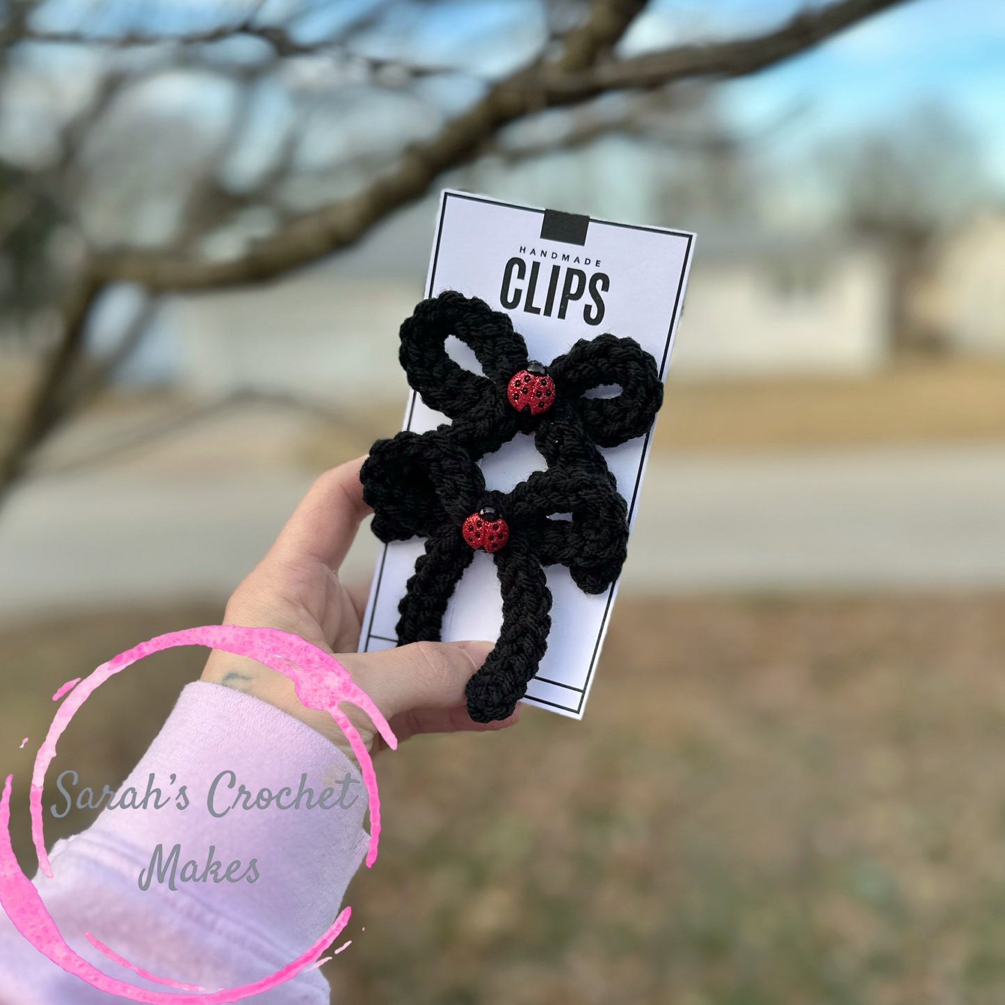 Black Lady Bug Handtied Bows, 3" Piggies (ON CLIPS)