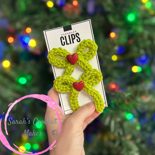 Hand-Tied Green Bows with Red Sparkle Hearts, on CLIPS