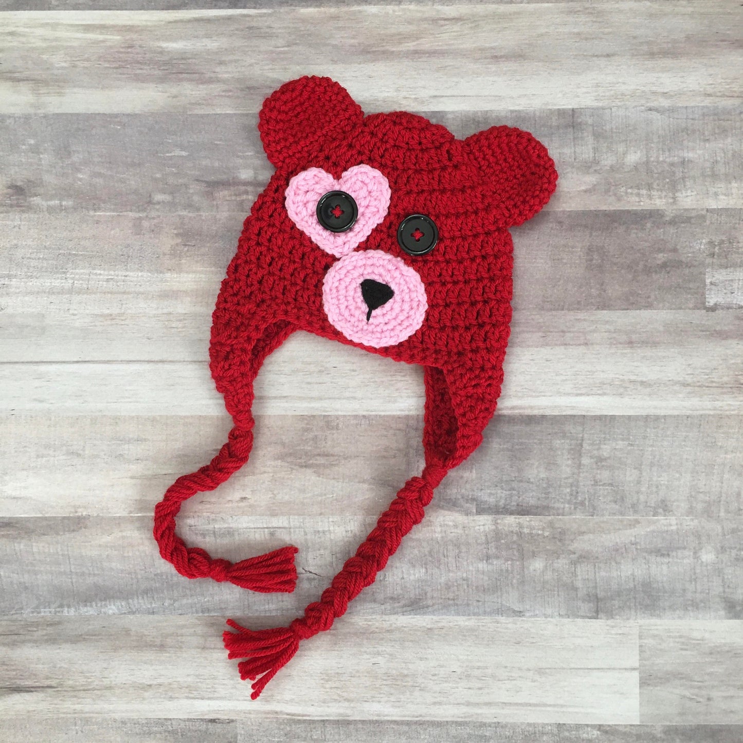 Red Valentines day bear beanie with pink accents