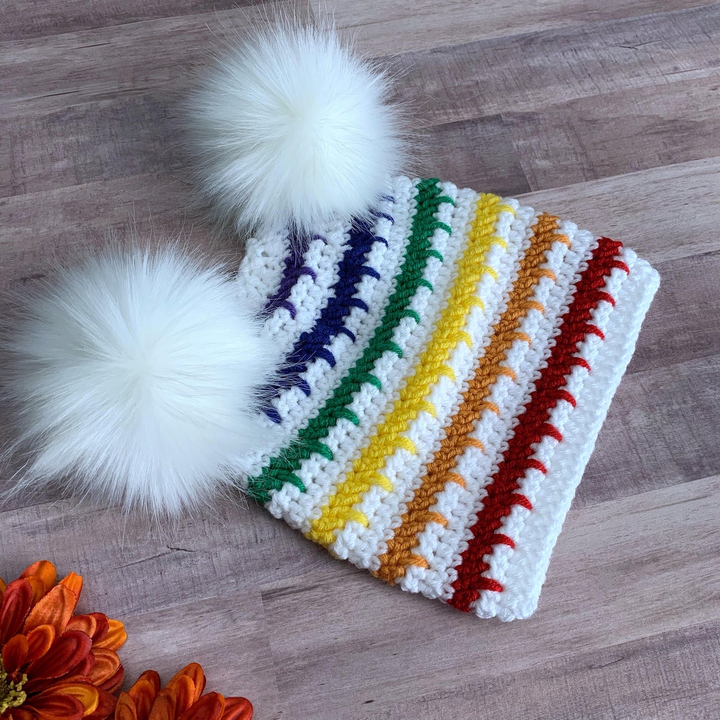 Rainbow double pom pom beanie